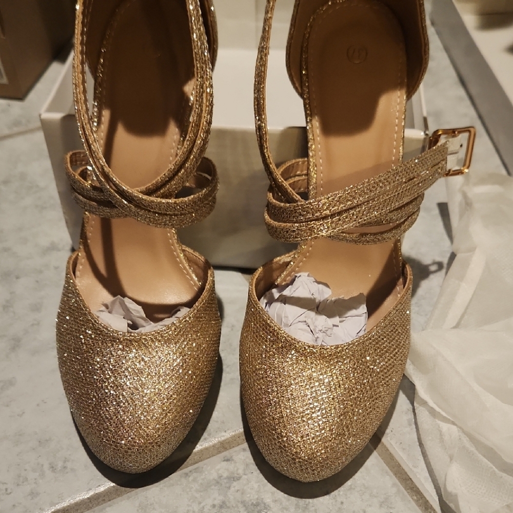 Shimmering Gold Women's Ankle Strap Heels